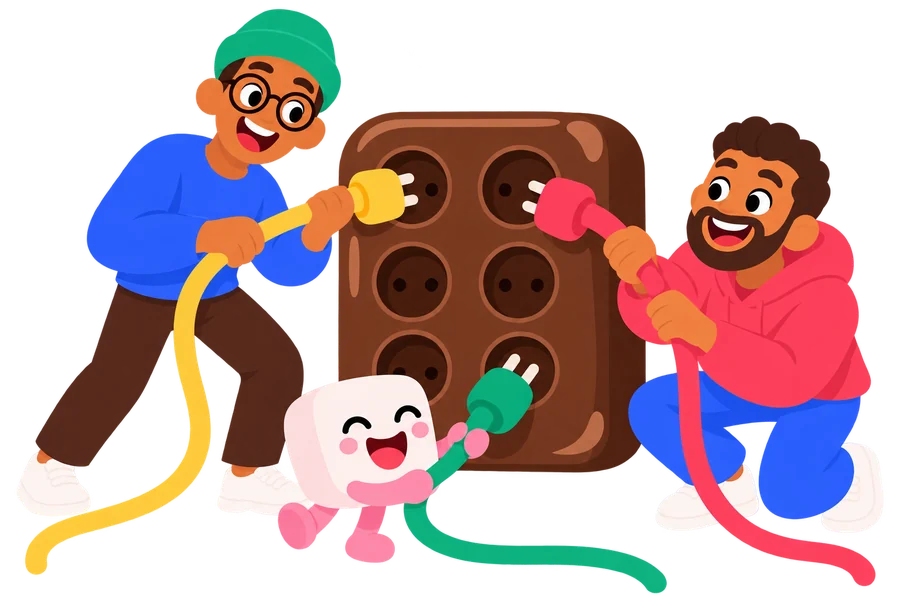 Mascots plugging colorful cables into a connection board