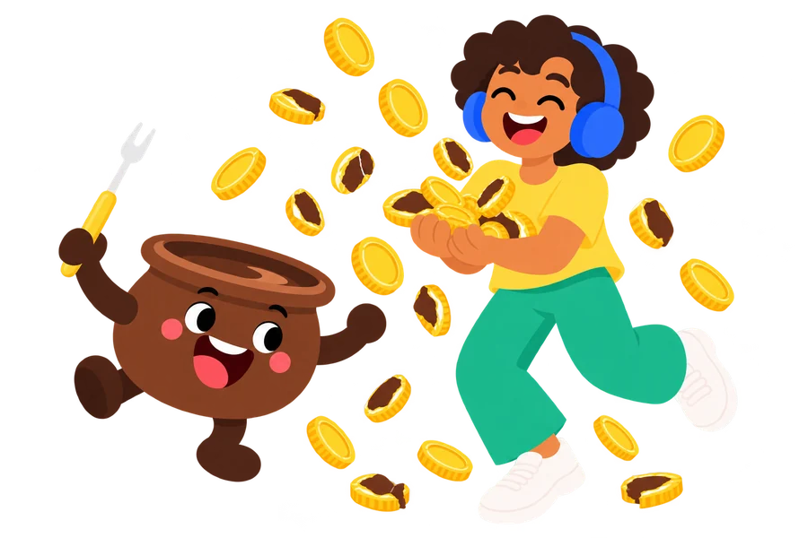A shop owner in headphones catches gold coins while Fondi the fondue pot dances beside them