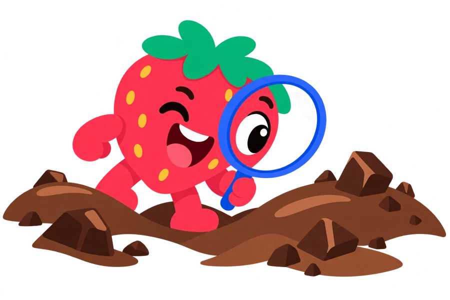 Berry the strawberry mascot searching with a magnifying glass, ready to get posts found