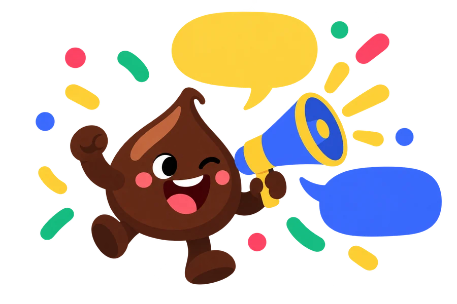 The Fondoo mascots posting to social networks with speech bubbles and hearts